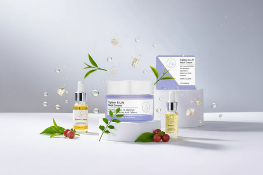 Skincare product with packaging and leaf on a light gray background