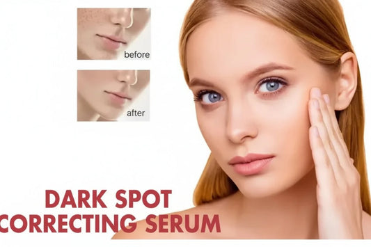 Woman applying dark spot correcting serum with 'before' and 'after' comparison on a white background.