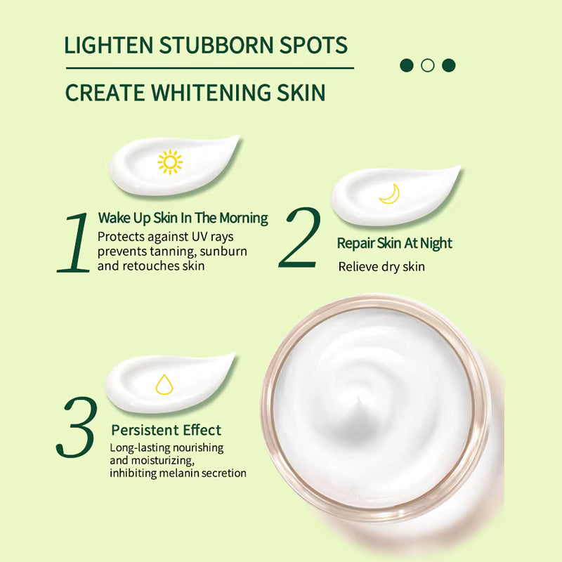 Skincare product with steps to lighten spots and create whitening skin on a green background