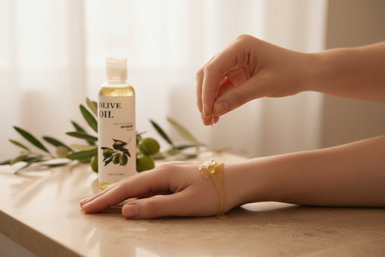 Hand drizzling pure cold-pressed carrier oil onto bare skin in a warm, natural beauty editorial setting.