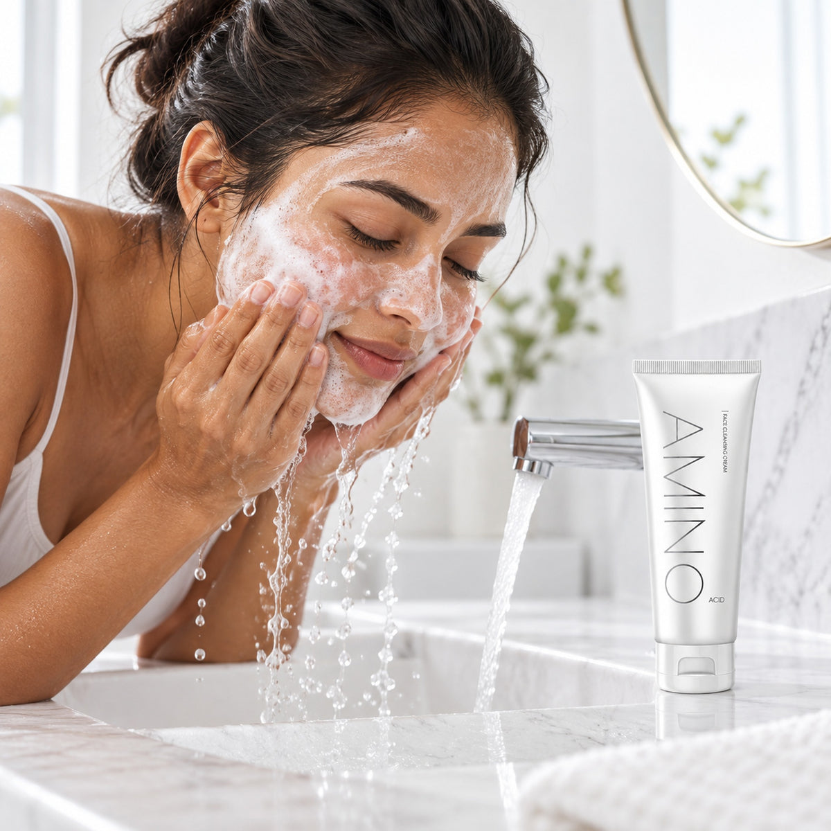 Woman rinsing amino acid cleanser foam from her face at the sink