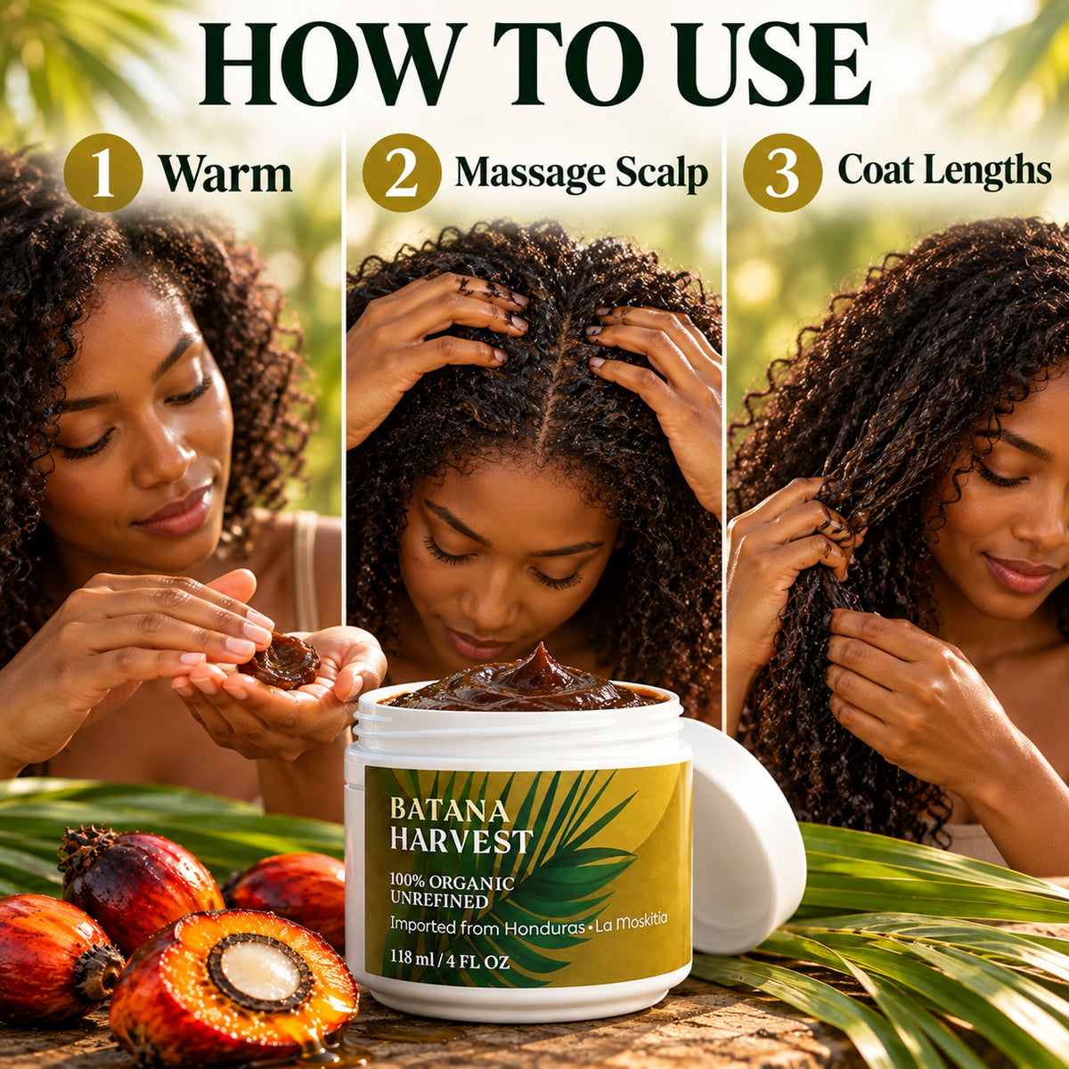 How to use – 1 warm, 2 massage scalp, 3 coat lengths
