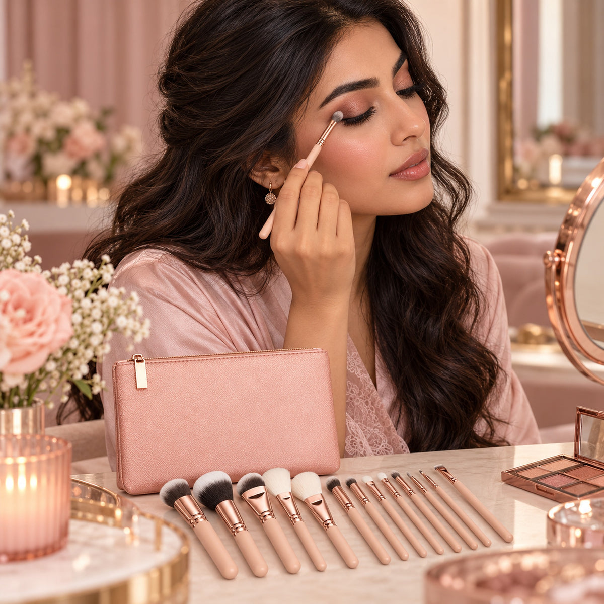 Woman blending eyeshadow with a slim eye brush from the pink 15-piece set