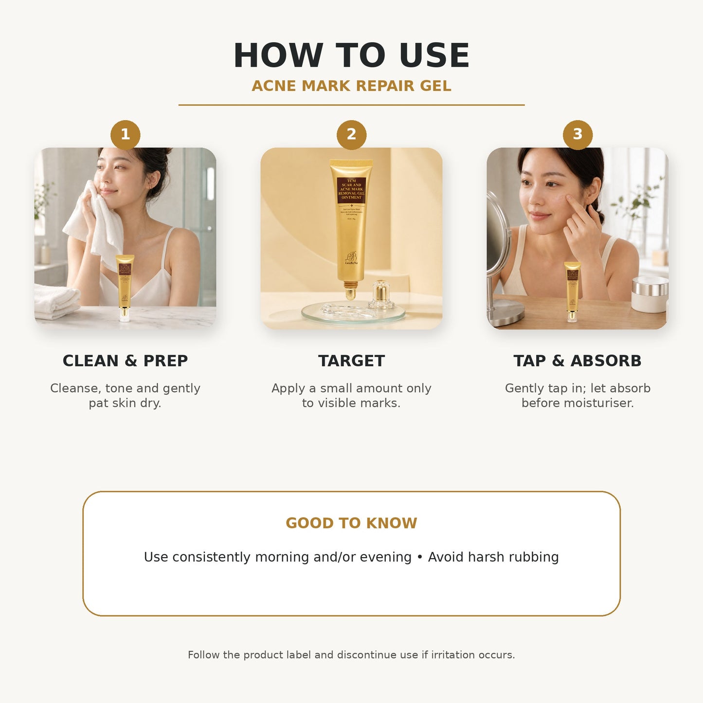 Acne Mark Repair Gel three-step directions for use