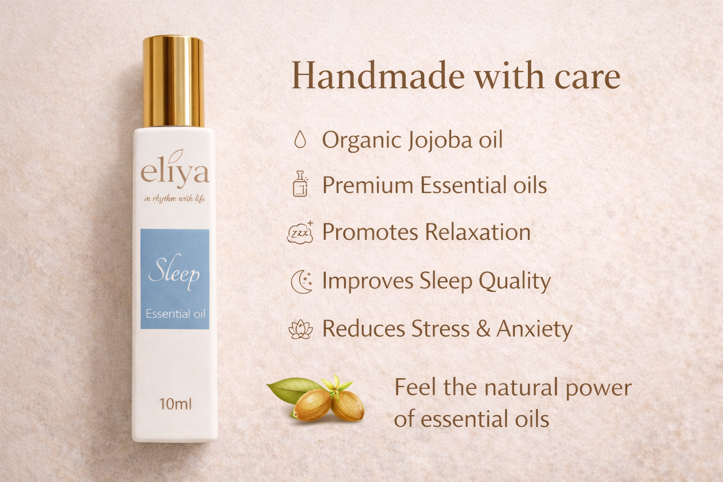 Eliya Sleep Essential Oil Roller 10ml with organic jojoba and premium oils for calming bedtime ritual