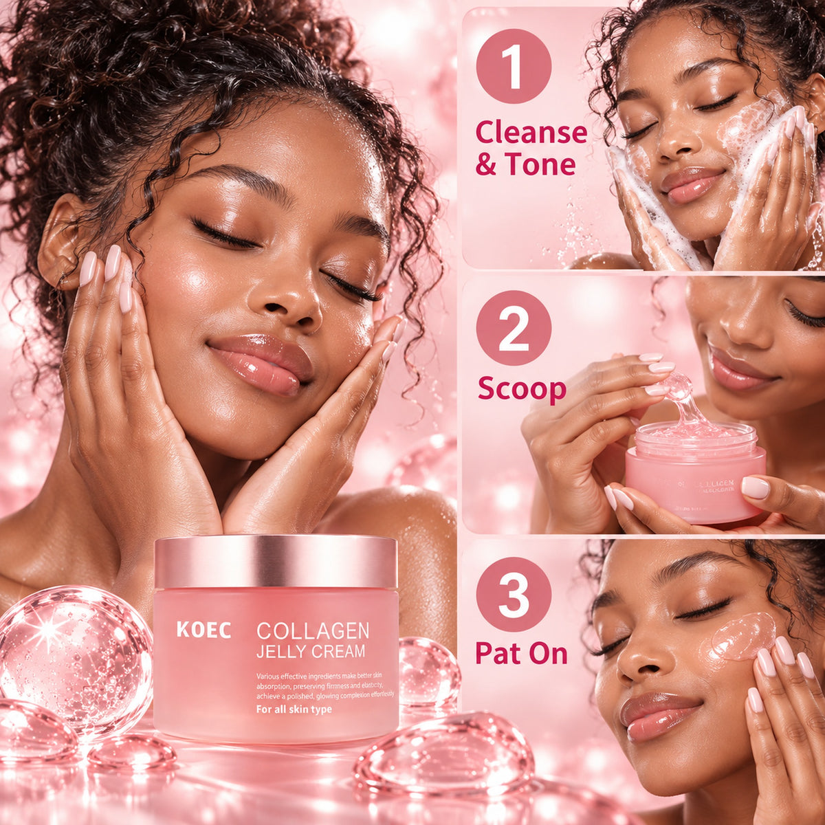 How to use – 1 cleanse and tone, 2 scoop, 3 pat on