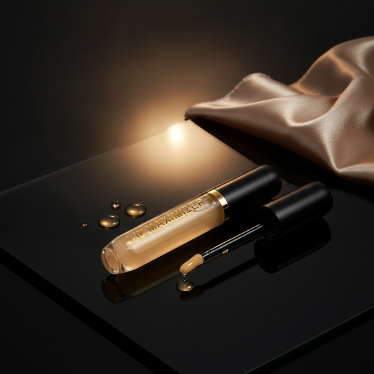 Glossy Hydrating Lip Oil — styled angle on black glass with champagne silk