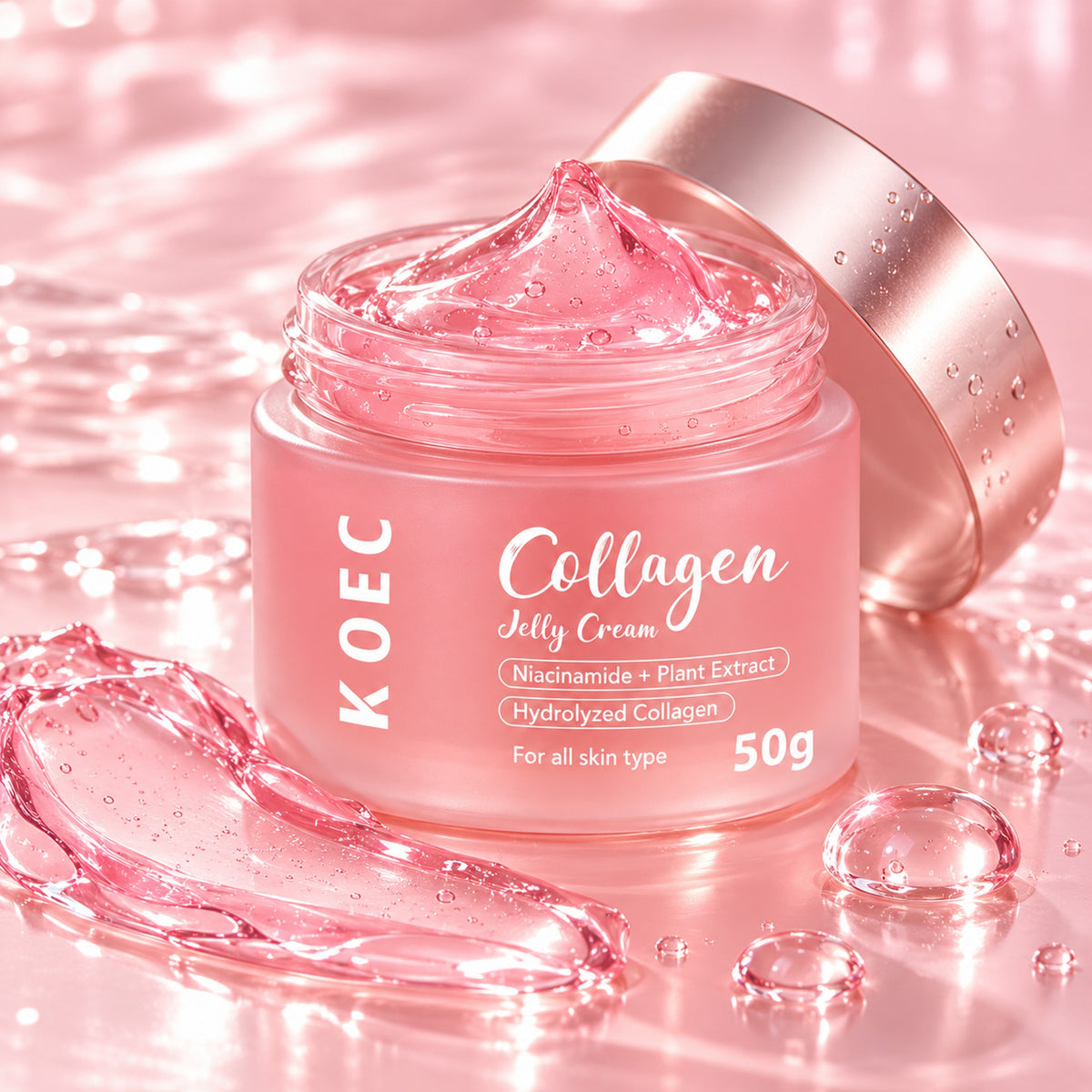 Open jar showing the translucent pink jelly-gel texture