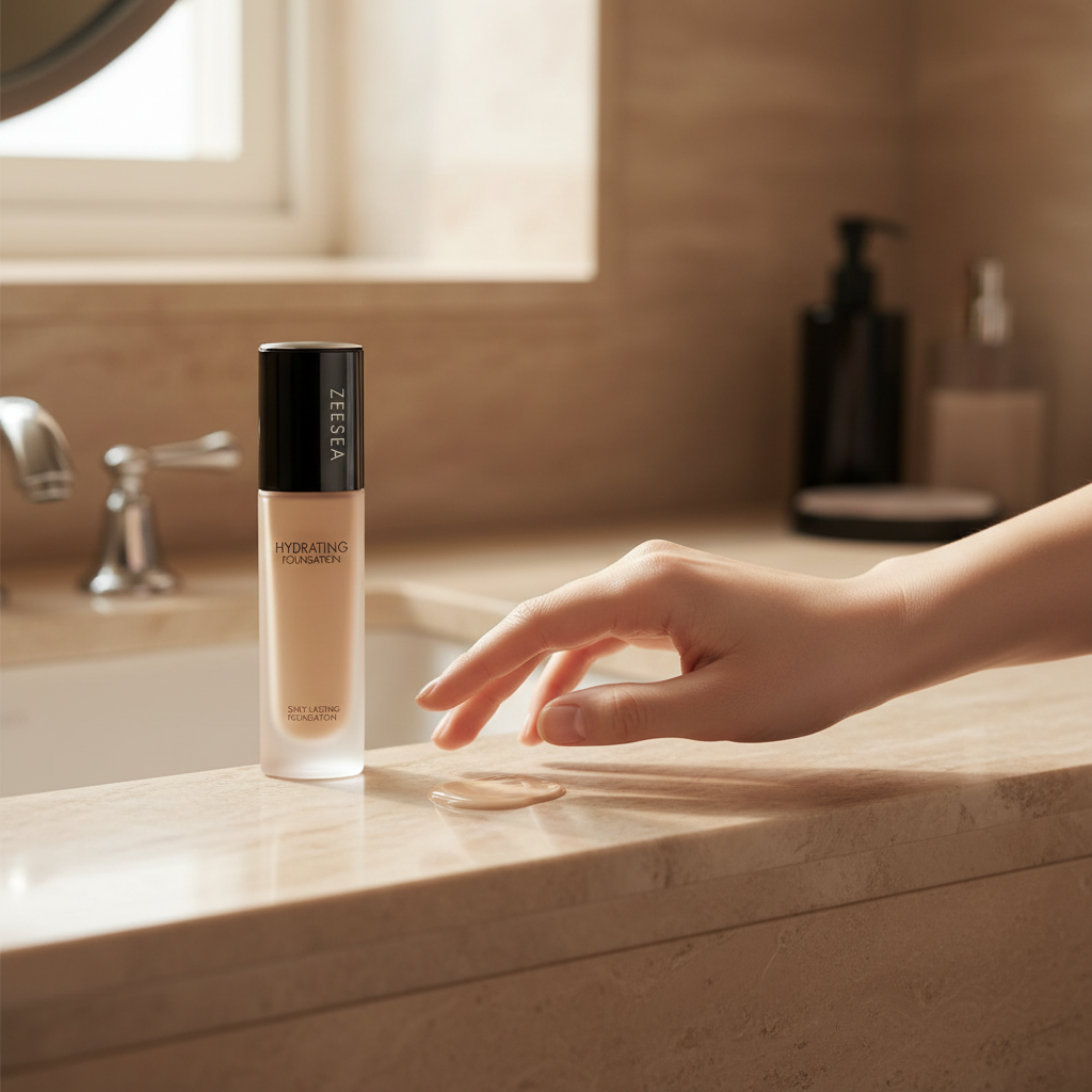 Woman's hand dabbing ZEESEA Hydrating Liquid Foundation onto a warm beige marble bathroom counter in soft natural light