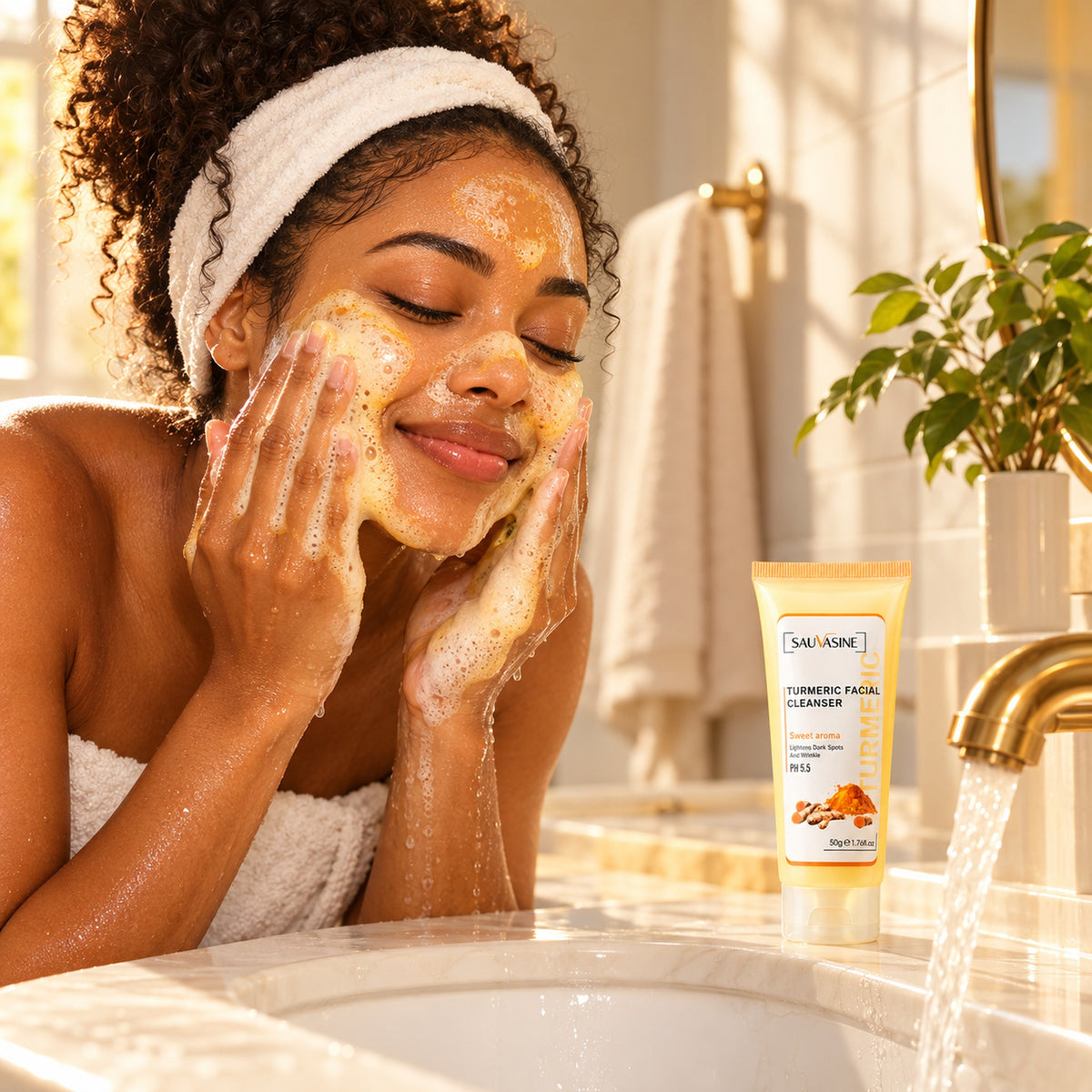 Woman washing her face with golden turmeric cleanser foam at the sink