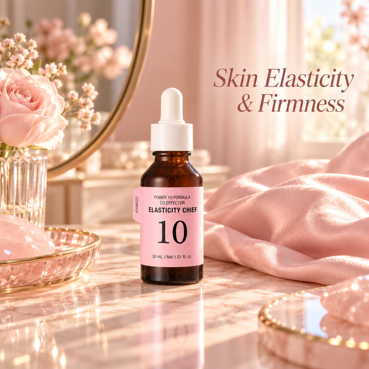 Elasticity Chief firming serum on a blush-pink vanity for skin elasticity and firmness