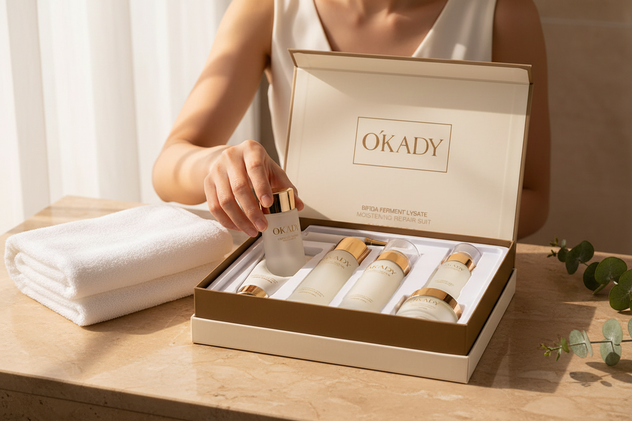 Hand reaching to lift a bottle from the open Okady Bifid Yeast Compact Repair gift box on a warm beige marble counter.