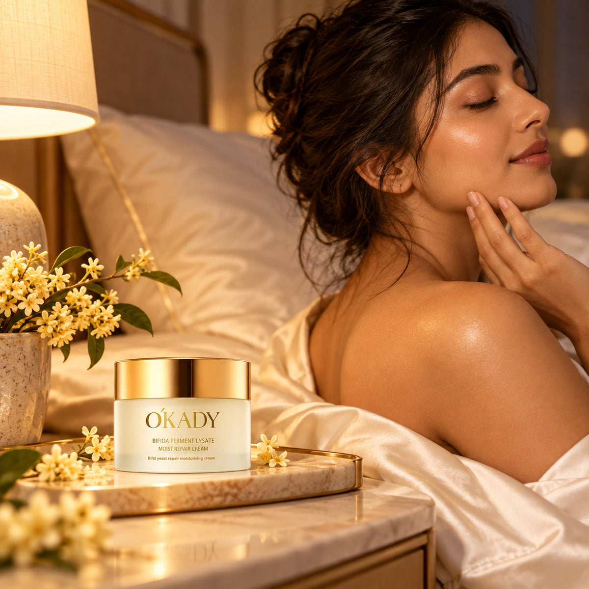 O'KADY moist repair cream on a bedside tray as part of an evening skincare ritual