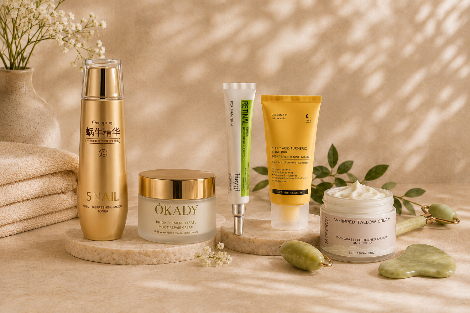 Skincare products and daily beauty essentials