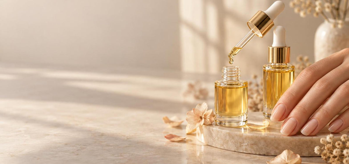 Cuticle oil dropper bottles and a manicured hand – Canvia Nail Care