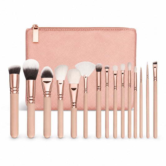 15-Piece Premium Makeup Brush Set – Pink Rose Gold with Storage Bag — centered unboxed hero on white with lower-left shadow