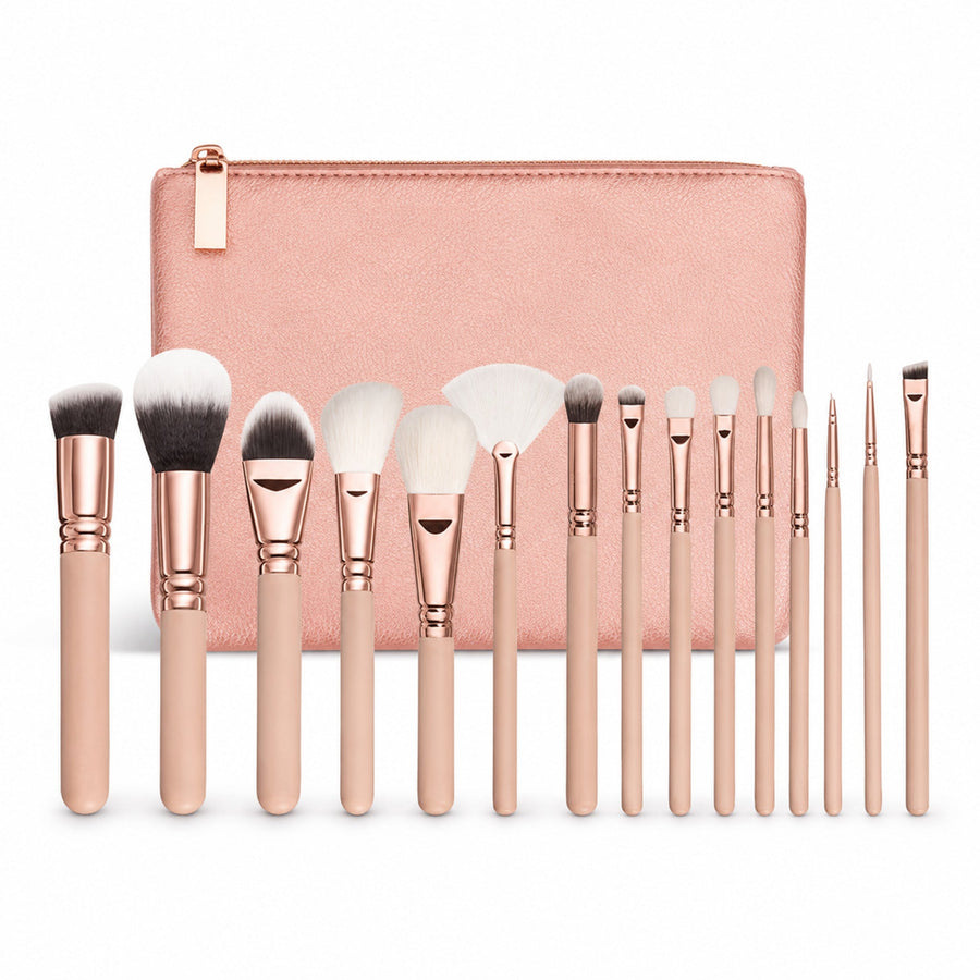 15-Piece Premium Makeup Brush Set – Pink Rose Gold with Storage Bag — centered unboxed hero on white with lower-left shadow