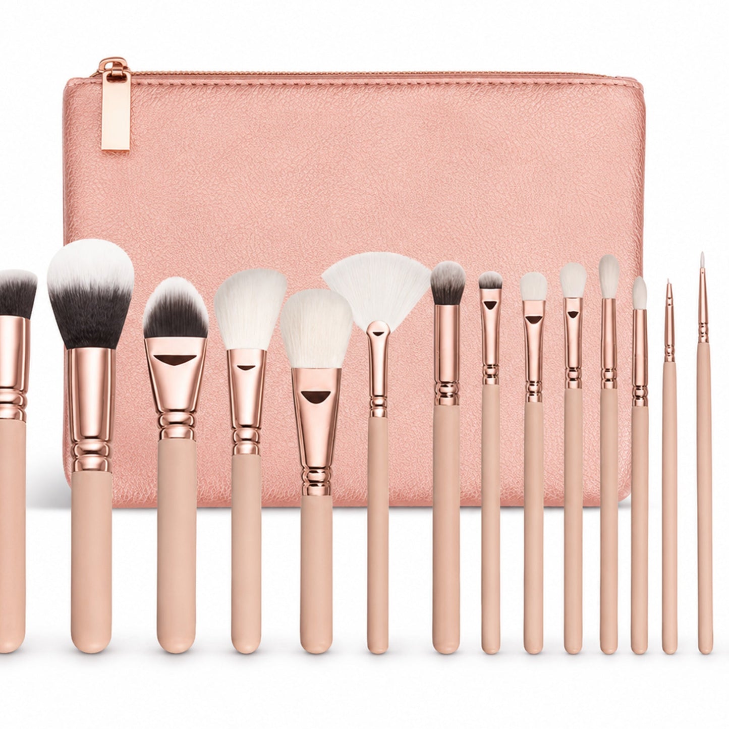 15-Piece Premium Makeup Brush Set – Pink Rose Gold with Storage Bag — premium close product and label detail