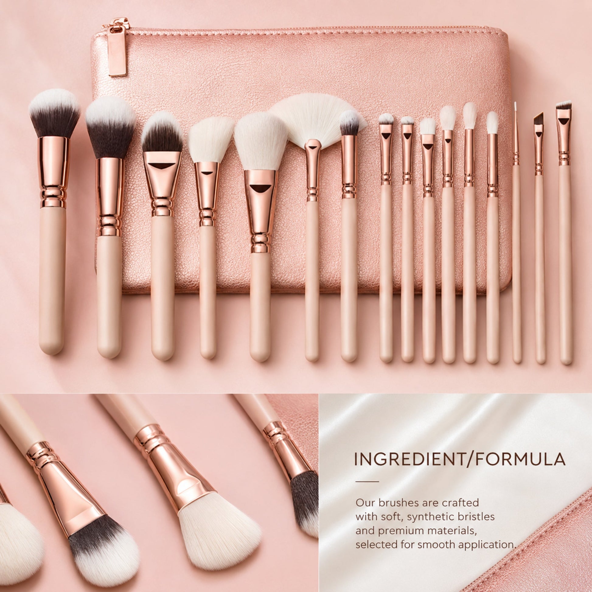 15-Piece Premium Makeup Brush Set – Pink Rose Gold with Storage Bag — verified ingredient, formula, or material story