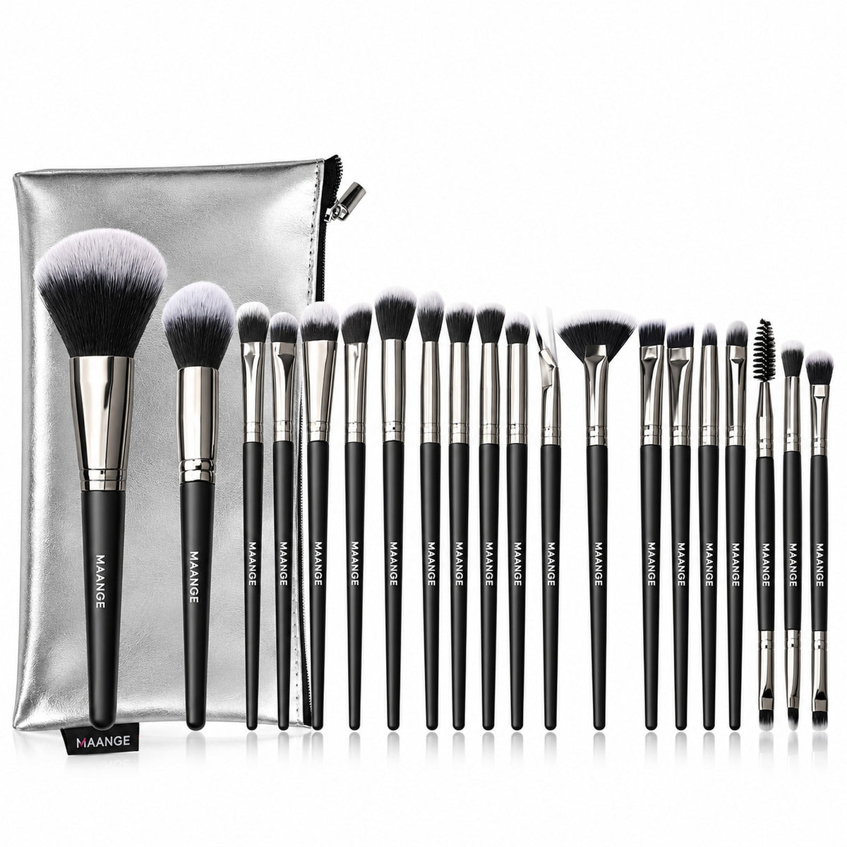 20-piece makeup brush set in Black & Gunmetal with silver zip carrying bag on a white background