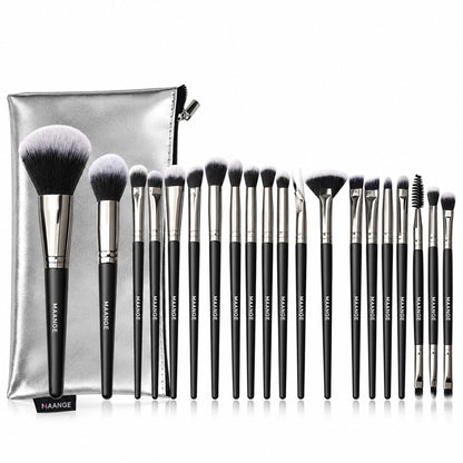 20-piece makeup brush set in Black & Gunmetal with silver zip carrying bag on a white background
