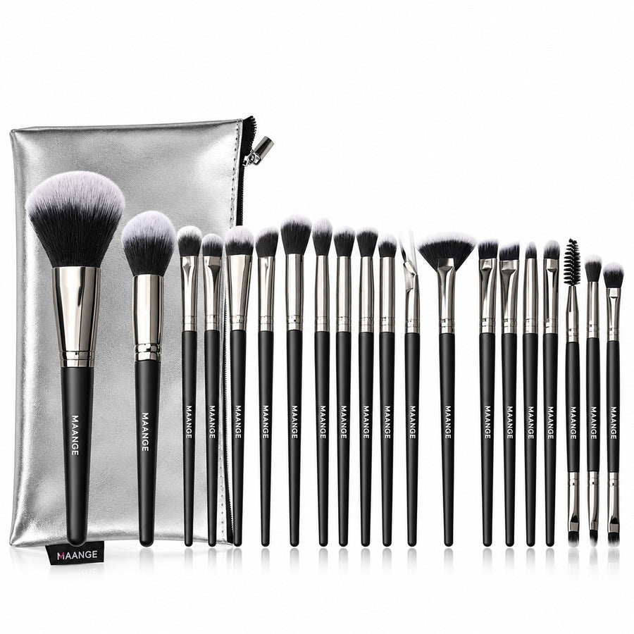 20-piece makeup brush set in Black & Gunmetal with silver zip carrying bag on a white background