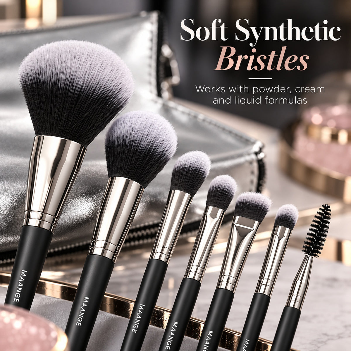 Soft synthetic bristles that work with powder, cream and liquid formulas