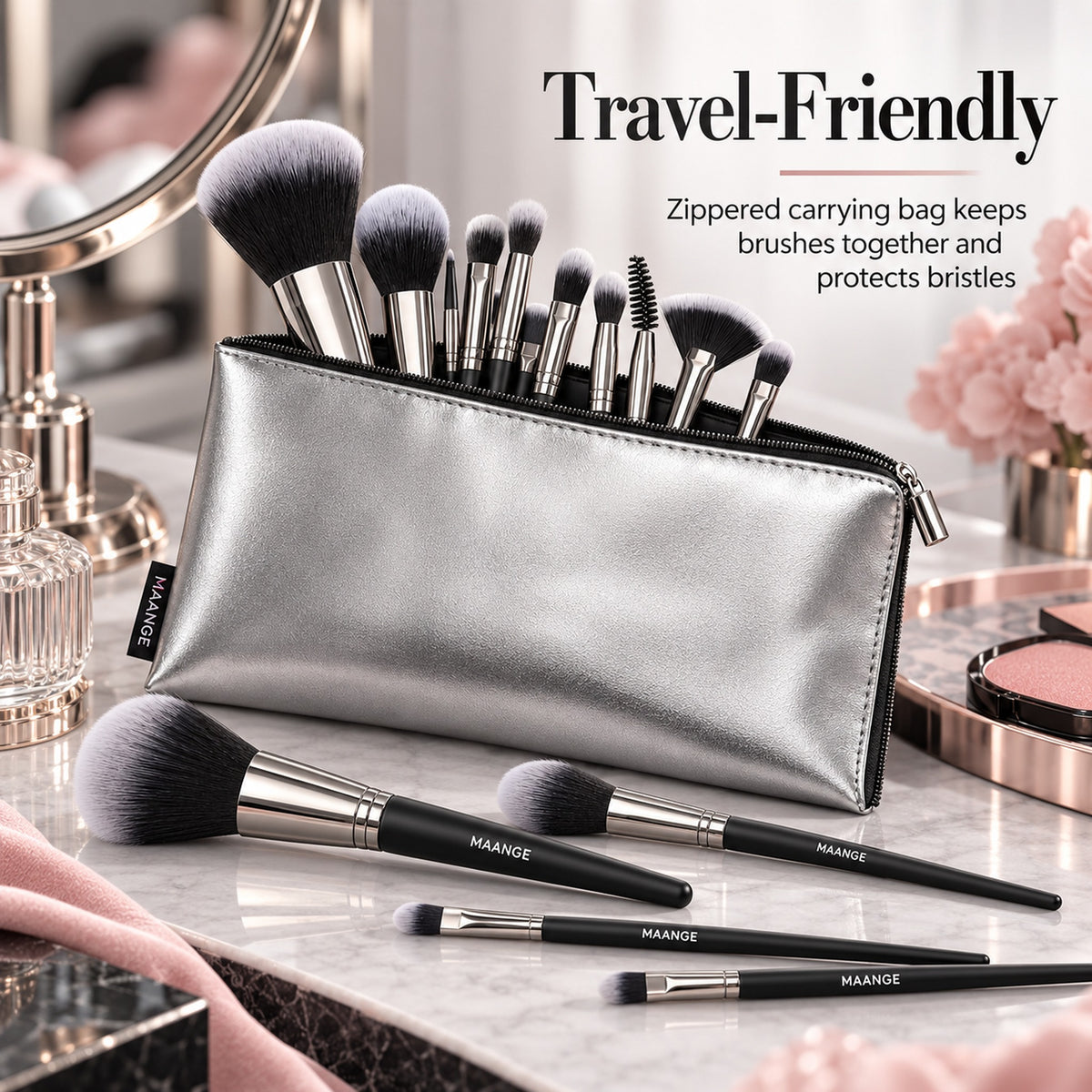 Travel-friendly zippered carrying bag keeps brushes together and protects bristles