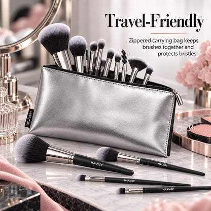 Travel-friendly zippered carrying bag keeps brushes together and protects bristles