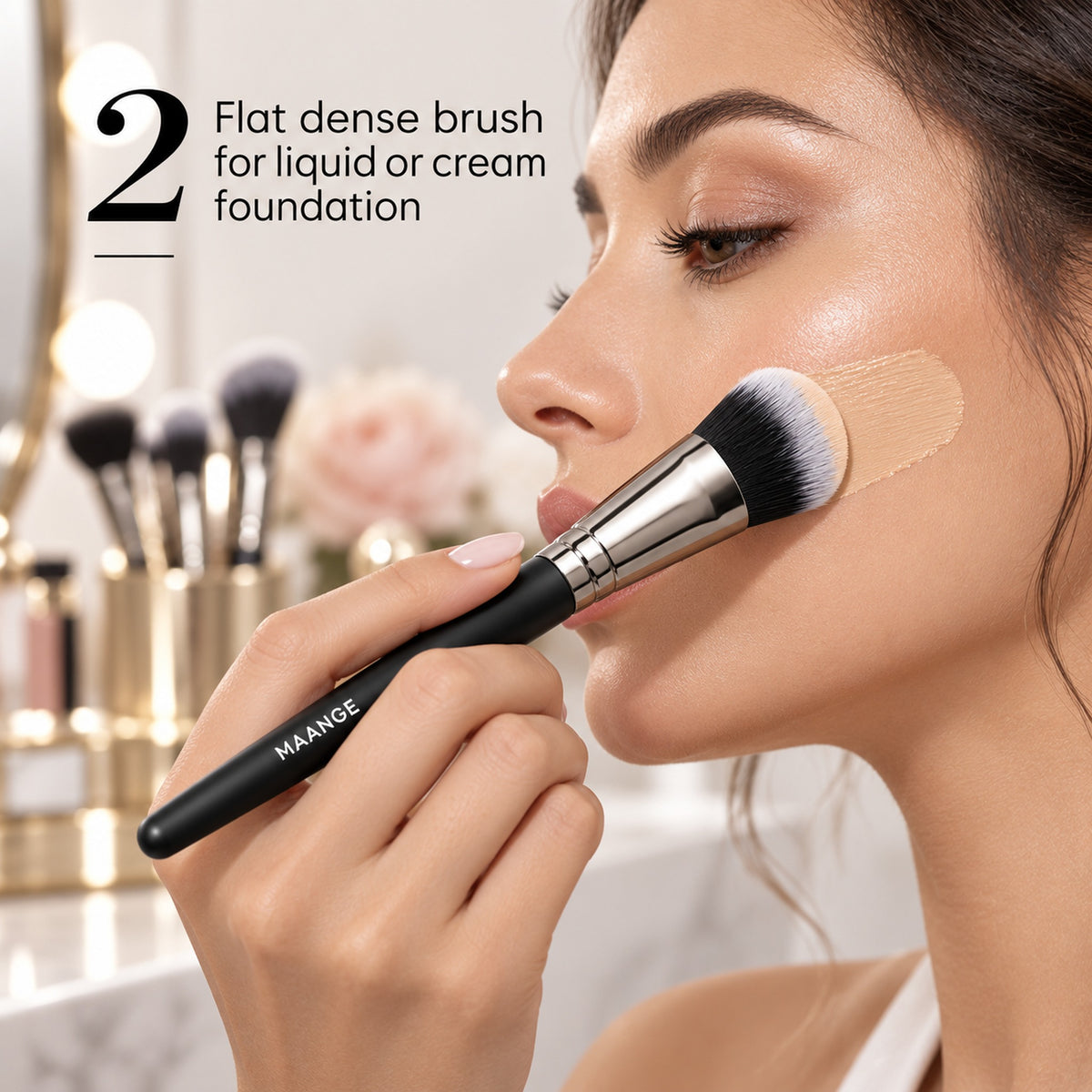 Step 2: flat dense brush for liquid or cream foundation