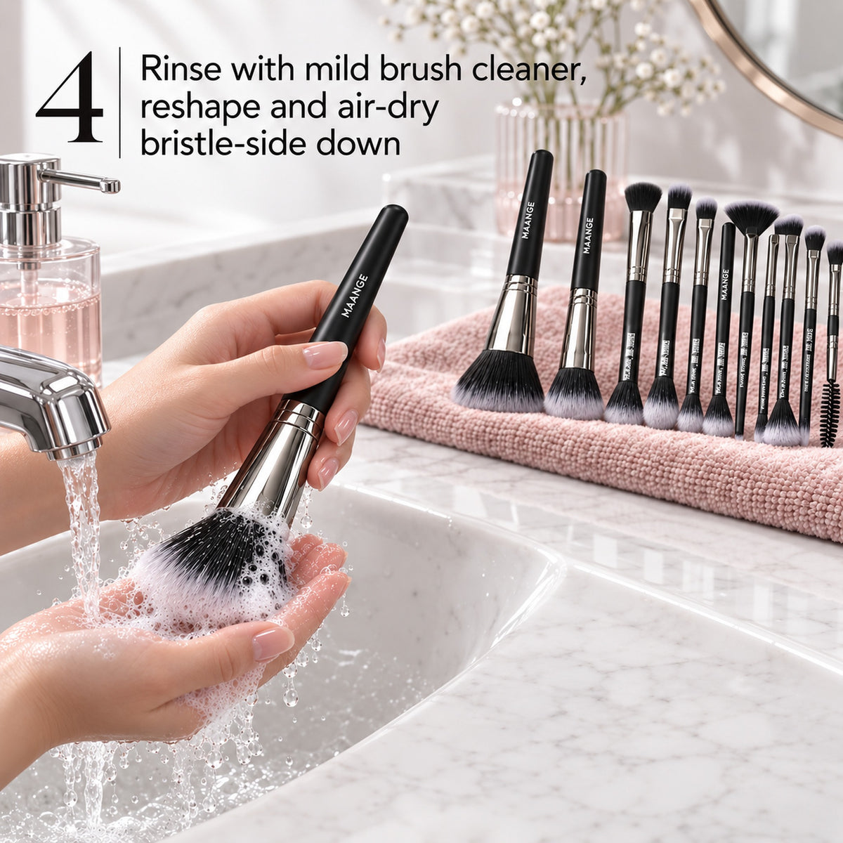 Step 4: rinse with mild brush cleaner, reshape and air-dry bristle-side down