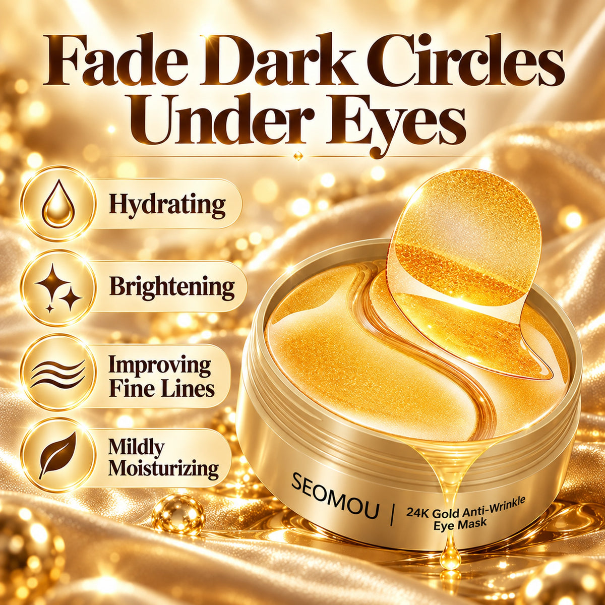 SEOMOU 24K Gold eye mask benefits: fade dark circles under eyes, hydrating, brightening, improving fine lines, mildly moisturizing