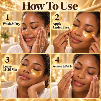 How to use the 24K gold eye mask in 4 steps: wash and dry, apply under eyes, leave 15-20 minutes, remove and pat in