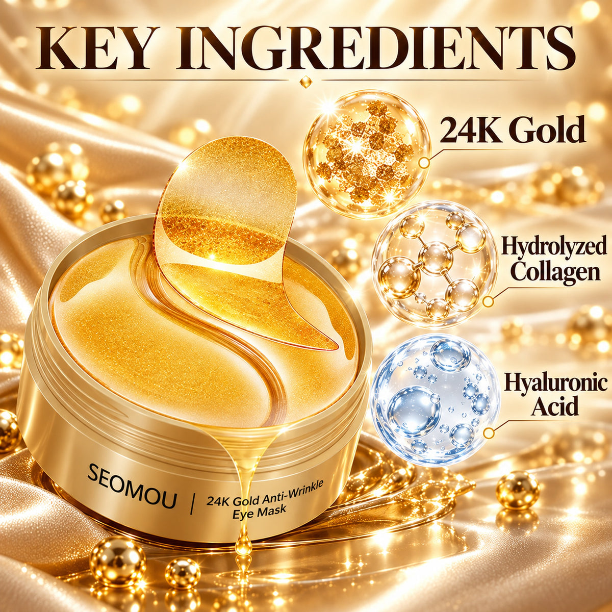 Key ingredients of the 24K gold under-eye patches: 24K gold, hydrolyzed collagen, hyaluronic acid