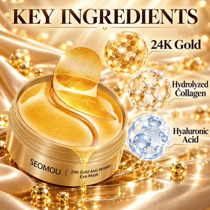 Key ingredients of the 24K gold under-eye patches: 24K gold, hydrolyzed collagen, hyaluronic acid
