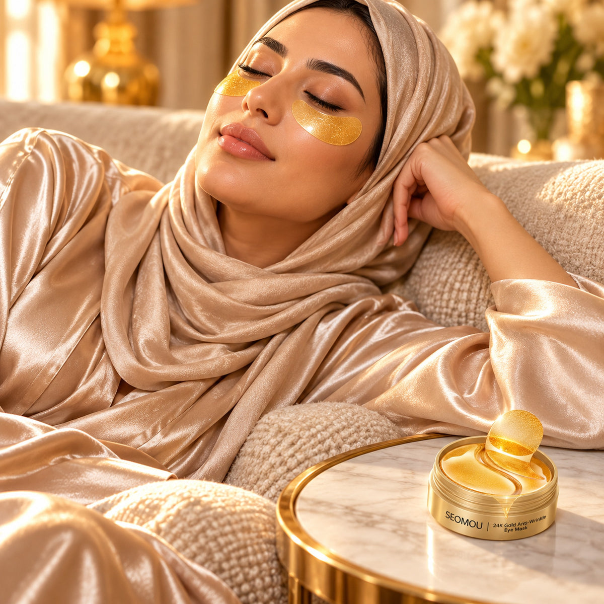 Woman relaxing on a sofa wearing gold under-eye patches, open SEOMOU jar on the side table