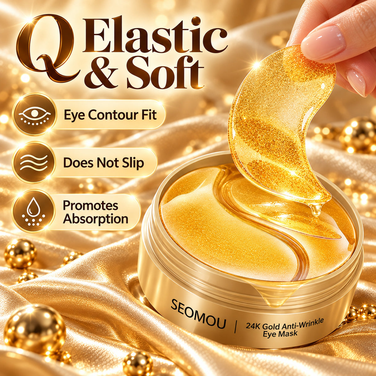 Q elastic and soft gold hydrogel patch: eye contour fit, does not slip, promotes absorption