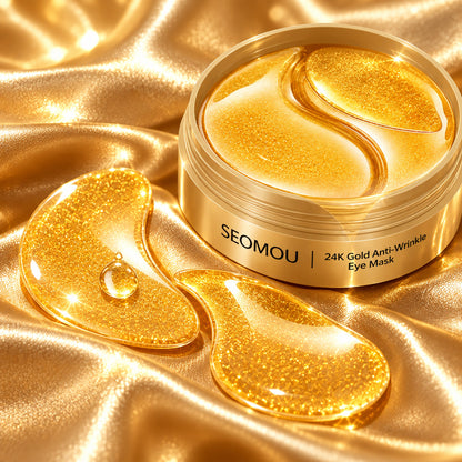 Close-up of glossy 24K gold hydrogel eye patches beside the open SEOMOU jar