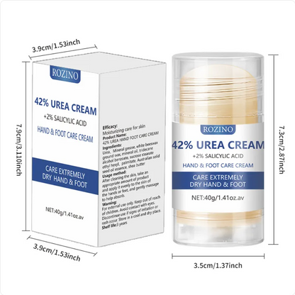 Rozino 42% Urea Cream box and stick with dimensions: stick 7.3 x 3.5 cm, box 7.9 x 3.9 cm