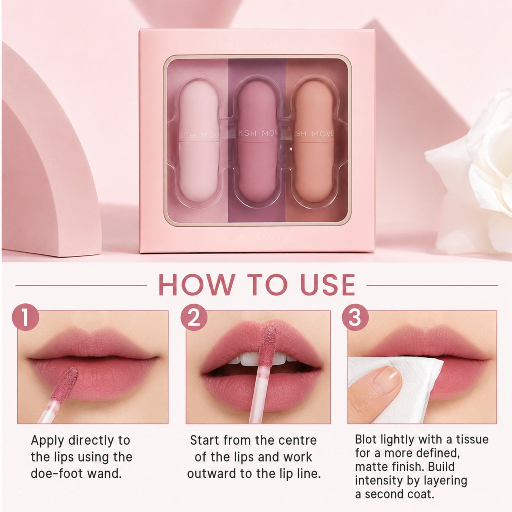 3-Piece Matte Non-Stick Lip Gloss Set – Long-Lasting Color — photographic three-step how-to