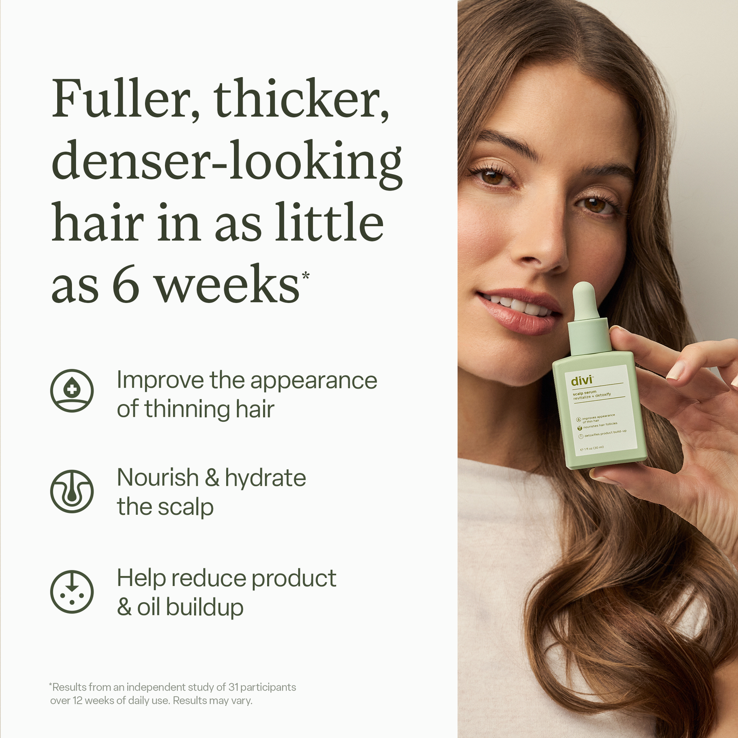 Divi Scalp Serum with box packaging and key benefits