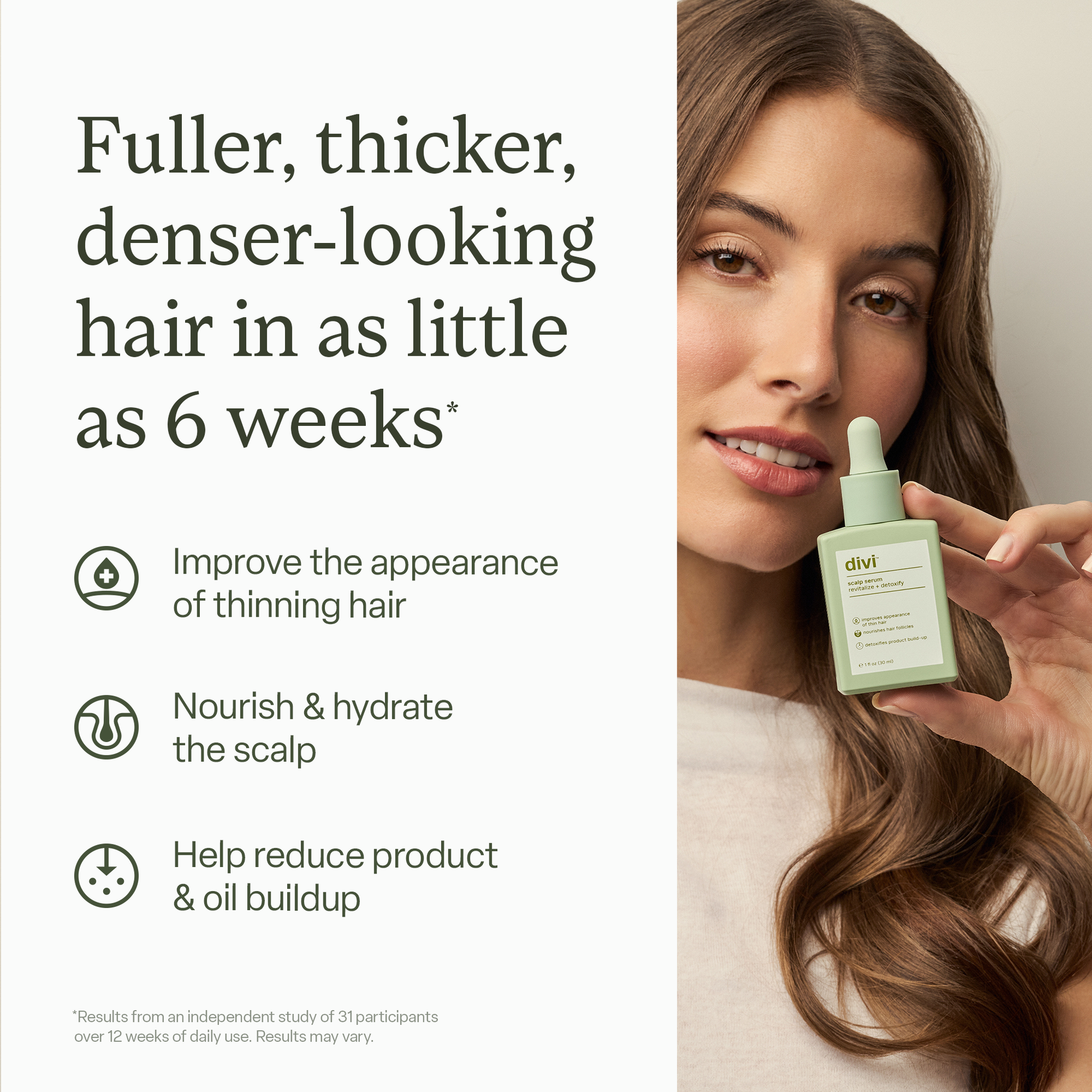 Divi Scalp Serum with box packaging and key benefits