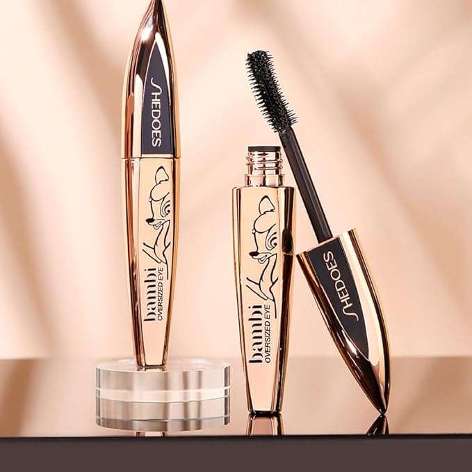 Close-up of dramatic lifted lashes with SHEDOER Bambi Vegan Long-Lasting Black Curl Volume Mascara