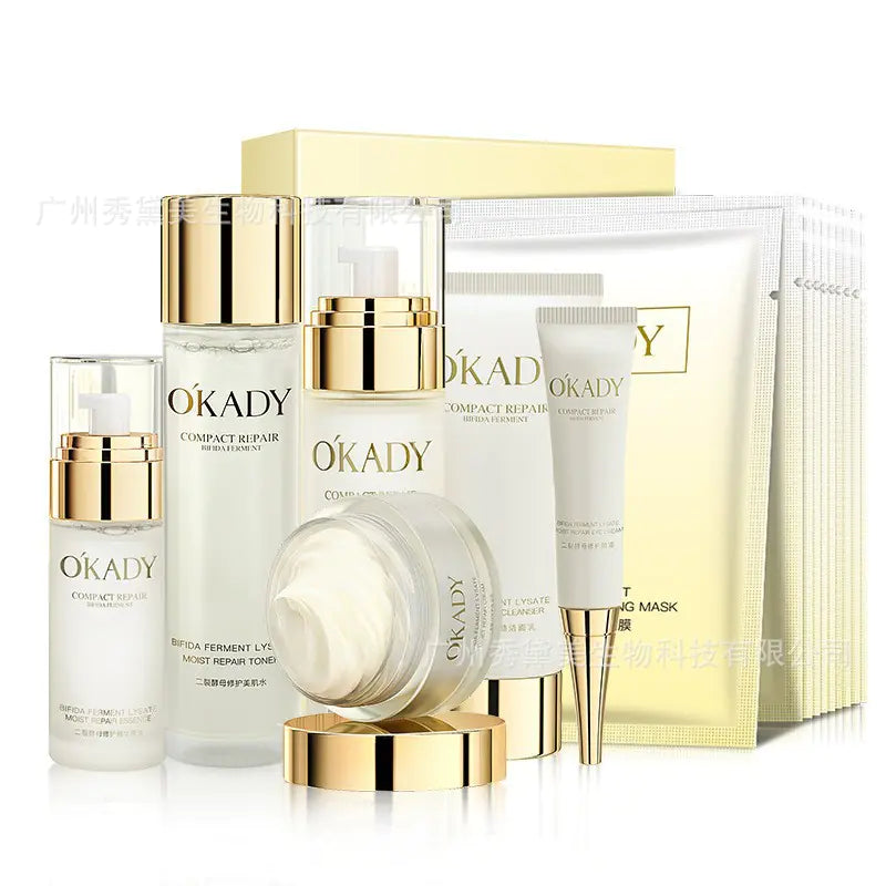 Okady Bifid Yeast Compact Repair lineup including cream jar and sheet mask packs.