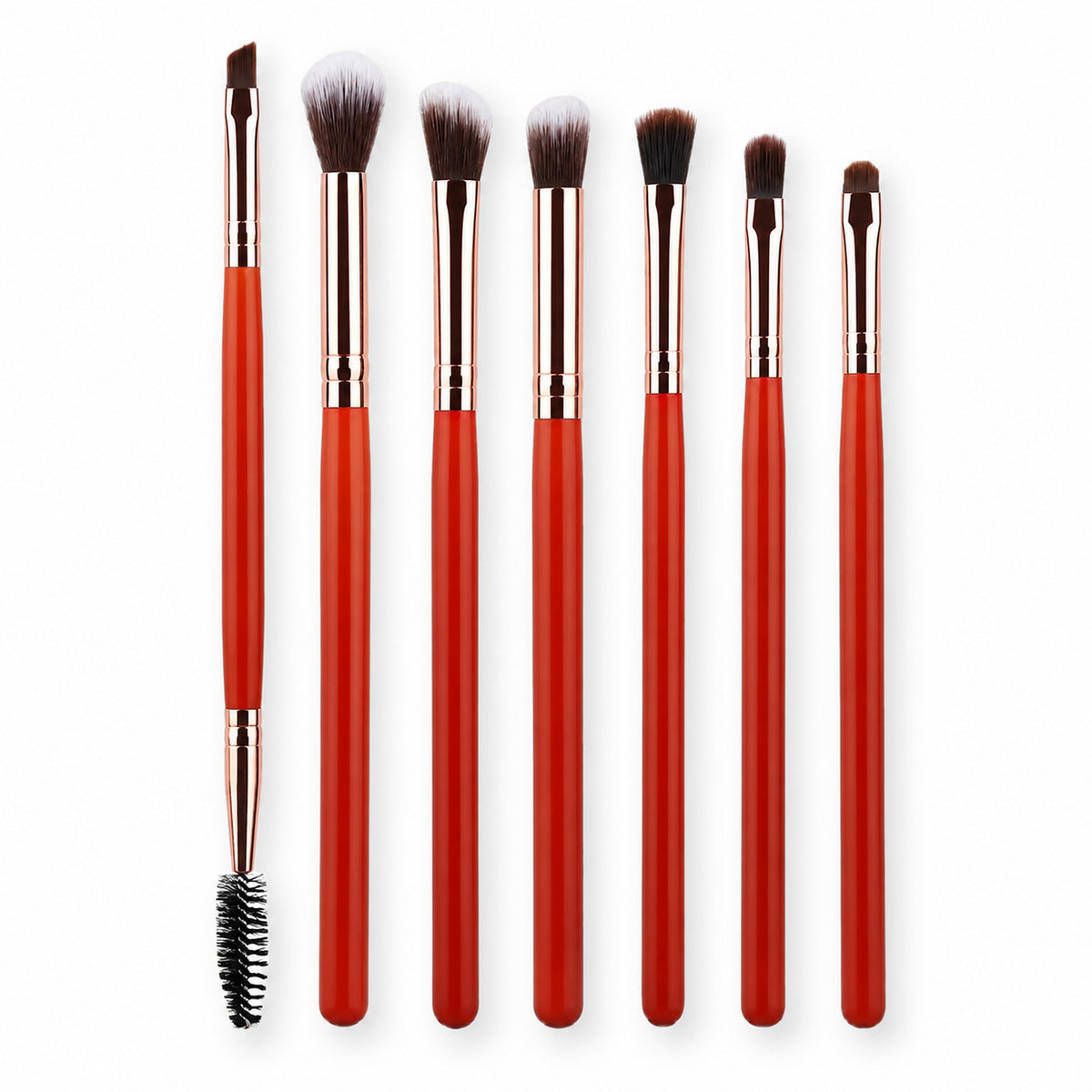 7-piece eye makeup brush set with orange-red handles and rose-gold ferrules on a white background