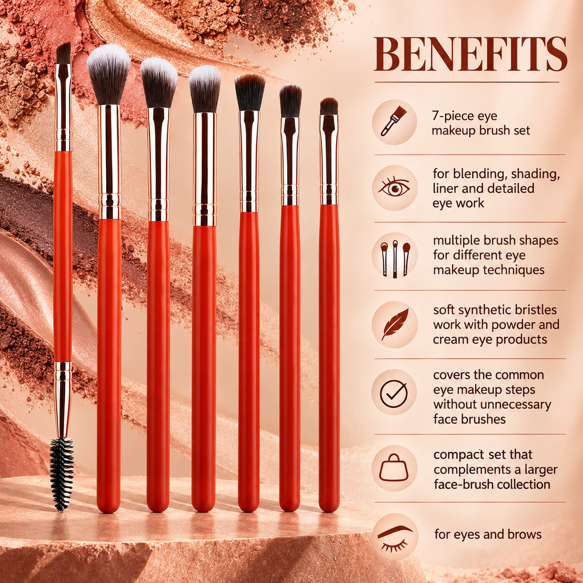 Benefits of the 7-piece eye brush set: blending, shading, liner and detail work with soft synthetic bristles