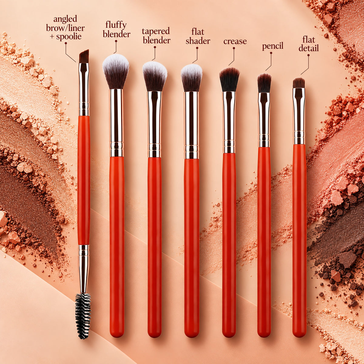 Brush guide: angled brow/liner with spoolie, fluffy blender, tapered blender, flat shader, crease, pencil and flat detail brushes