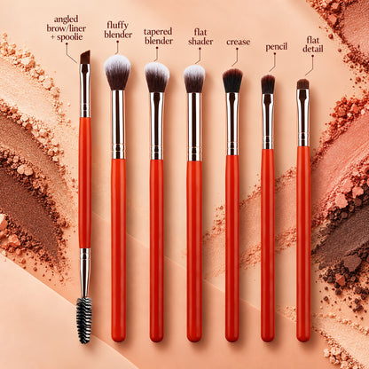 Brush guide: angled brow/liner with spoolie, fluffy blender, tapered blender, flat shader, crease, pencil and flat detail brushes
