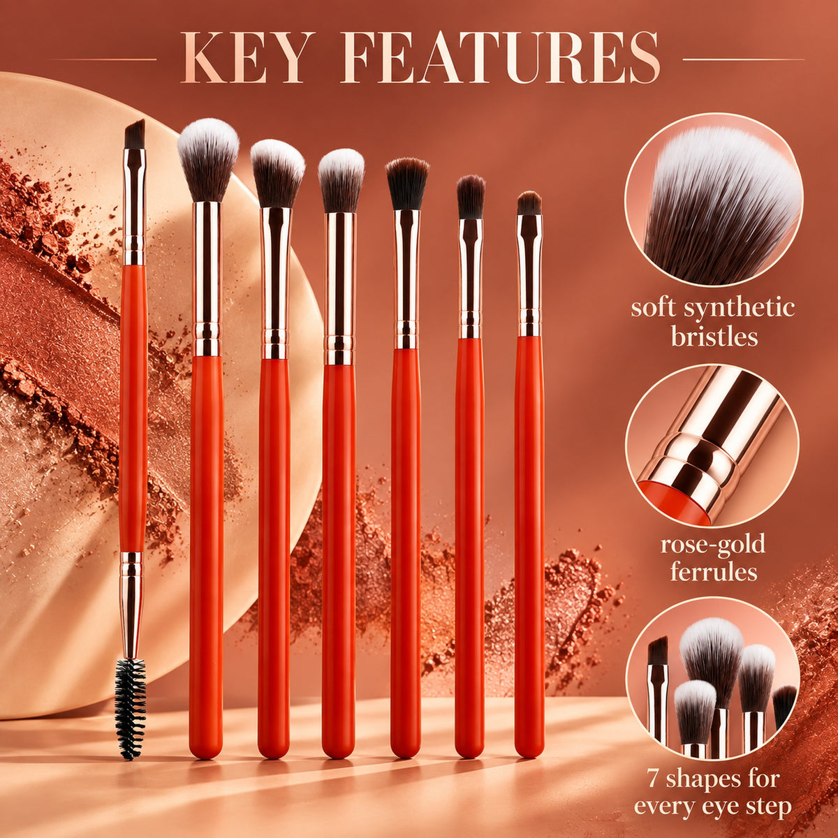 Key features: soft synthetic bristles, rose-gold ferrules, 7 shapes for every eye step