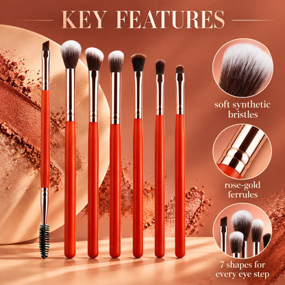 Key features: soft synthetic bristles, rose-gold ferrules, 7 shapes for every eye step